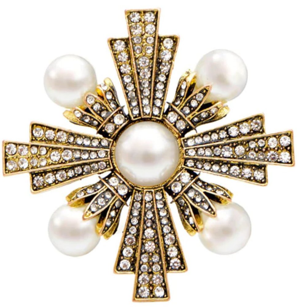 High End PEARL Maltese CROSS Rhinestone Brooch